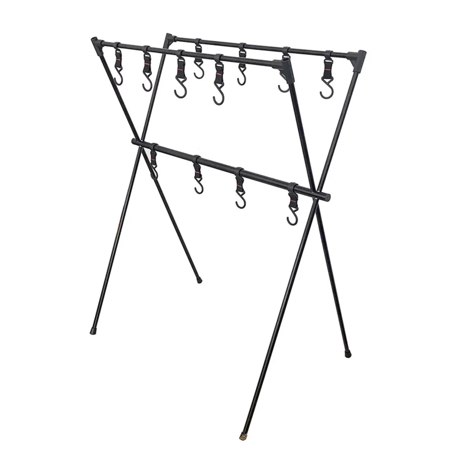 Outdoor Dcenta Lightweight Folding Camping Cookware Hanging Rack Shelf Portable Aluminum Alloy BBQ Tool Clothes Storage Hanger Stand Rack with Hooks