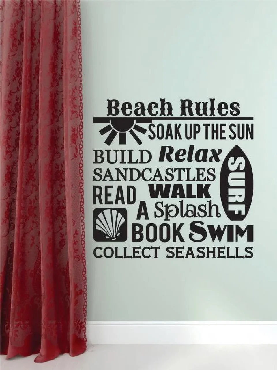 BPA-Free Wall Decal : Beach Rules Soak Up The Sun Build Relax Surf Sandcastles Read A Book Walk Splash Swim Collect Seashells Quote 12x12 Inches