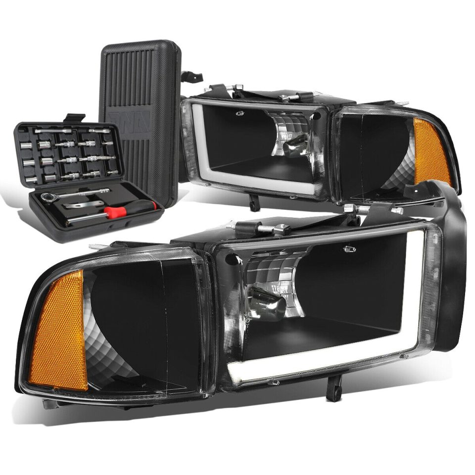 Cast Iron 1994-2002 Dodge Ram LED DRL Bar Black/Amber Signal Headlight Lamps+Tool Box
