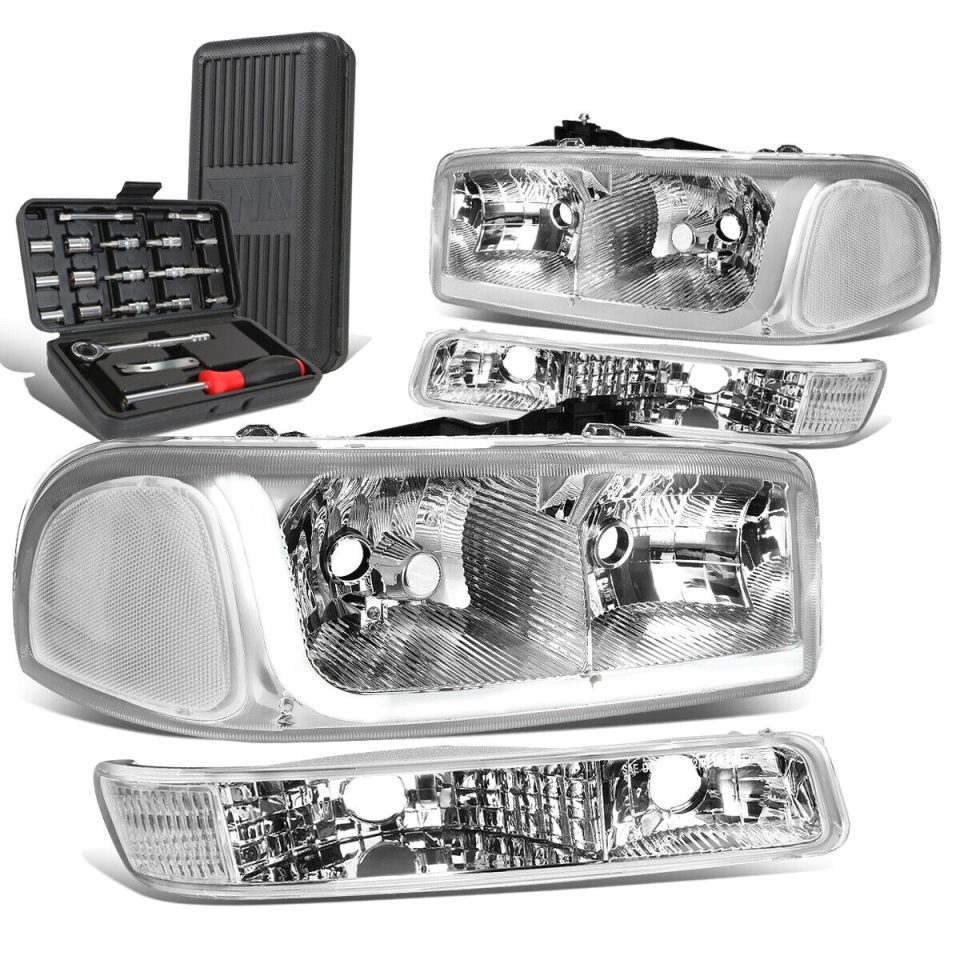 Cooking Upgraded 1999-2007 GMC Sierra LED DRL Bar Chrome/Clear Headlight Bumper Lamp+Tool Box