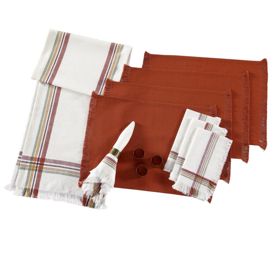 Prime Brielle Home Woodsworth Plaid 13-Piece Dining Set: Table Runner, Placemats, Napkins & Napkin Rings