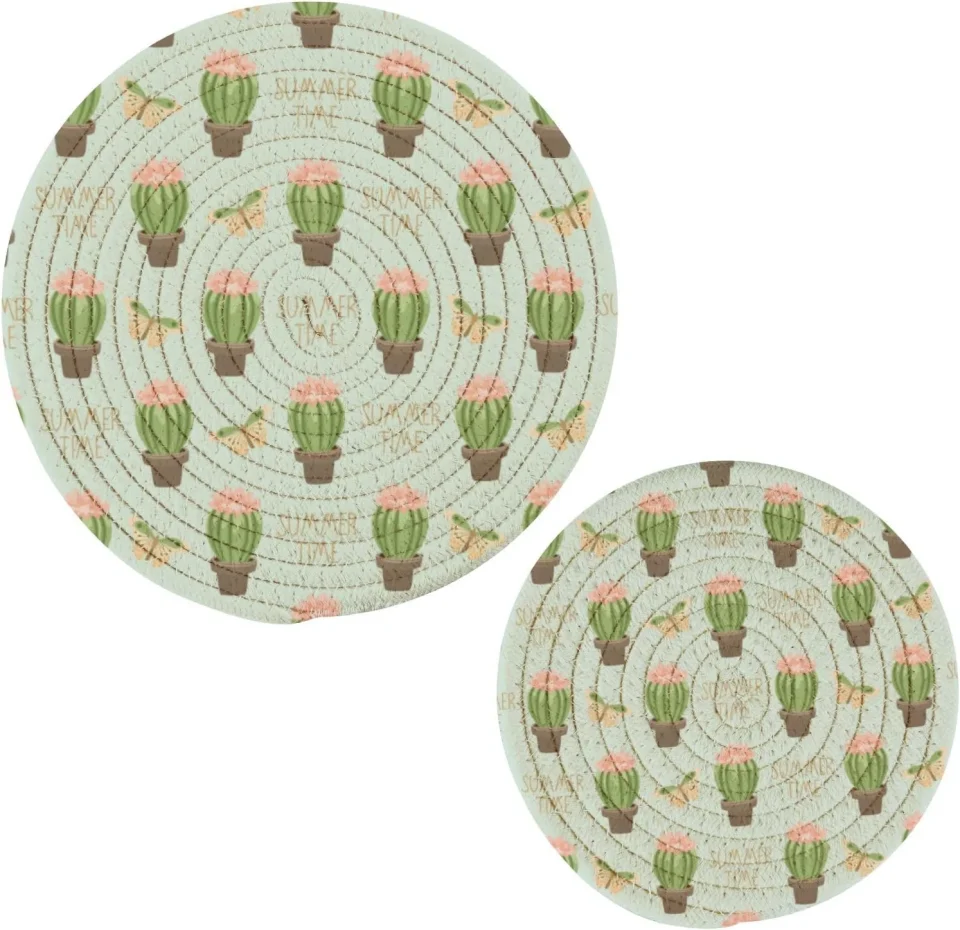 Space-Saving Coolnut Cute Cactus Pot Holder Set of 2, Pure Cotton Wear-Resistant and Non-Slip Stylish Round Pot Holder for Daily Kitchen, Dining Table, Office, Cafe, Restaurant, BBQ Home Decor Gifts