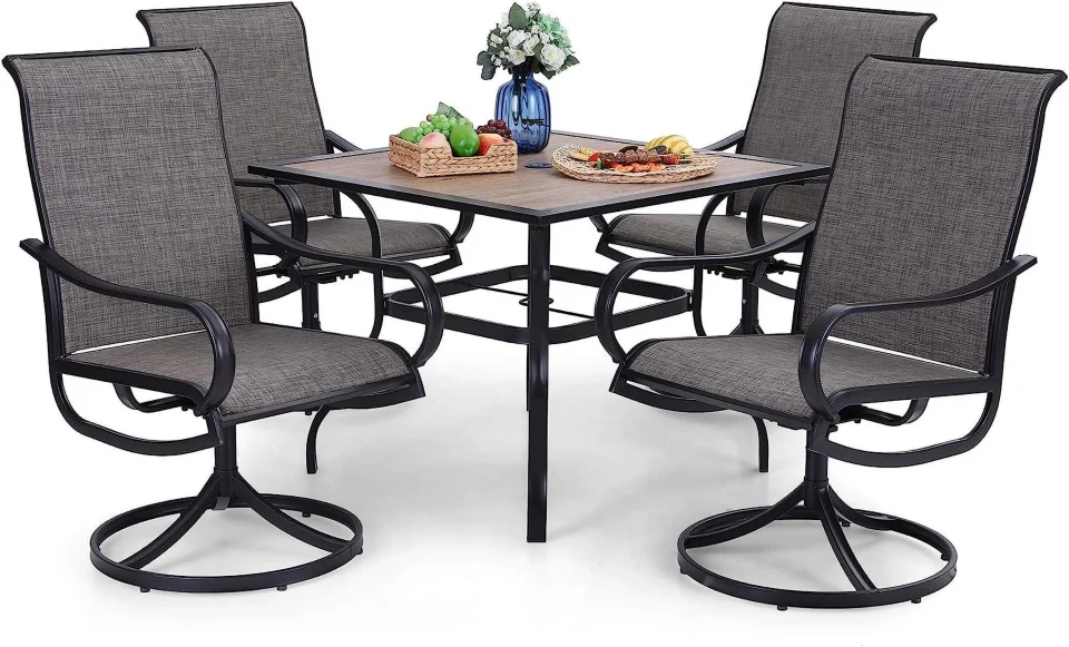 Cast Iron Matte VILLA Outdoor Patio Dining Set for 4 5 PCS Patio Table & Chair Set Clearance with 4 Swivel Dining Chairs & 1 Square Patio Table(1.57" Hole) Patio Dining Furniture for Lawn G