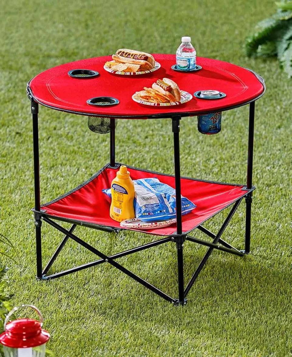 Ceramic Outdoor Folding Picnic Table with Shelf-Red