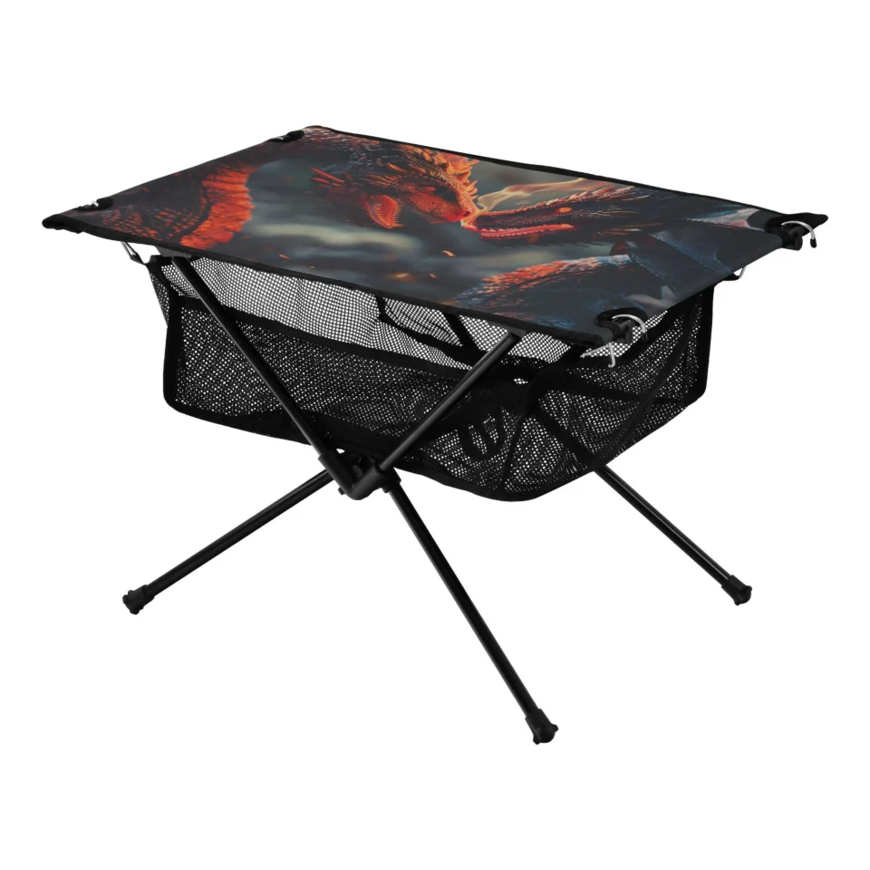 Polished Long-Lasting Two Dragons Fire in Forest Camping Folding Table Portable Beach Table with Storage Bag Compact Picnic Table for Outdoor Travel Fishing BBQ