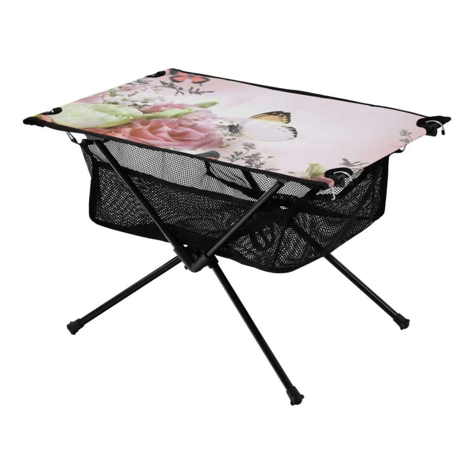 Stainless Steel Upgraded Pink Roses and Butterfly Camping Folding Table Portable Beach Table with Storage Bag Compact Picnic Table for Outdoor Travel Fishing BBQ