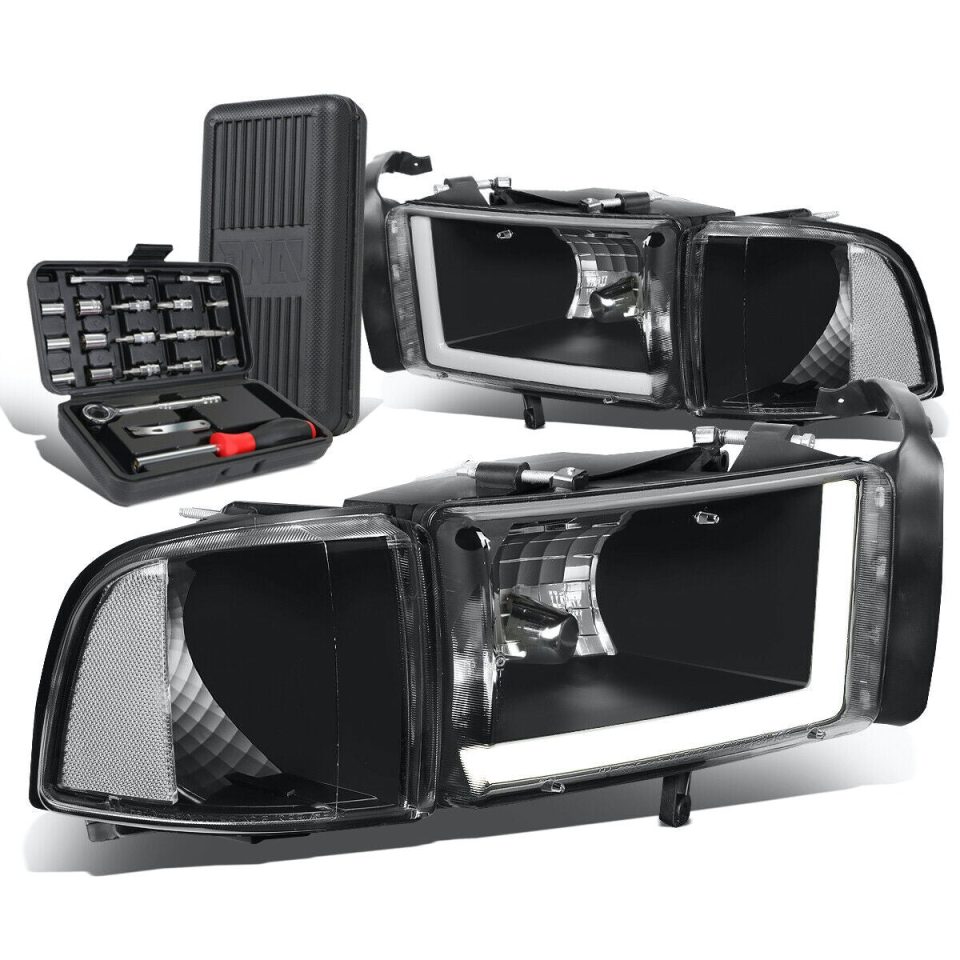 Glossy Durable 1994-2002 Dodge Ram LED DRL Bar Black/Clear Signal Headlight Lamps+Tool Box