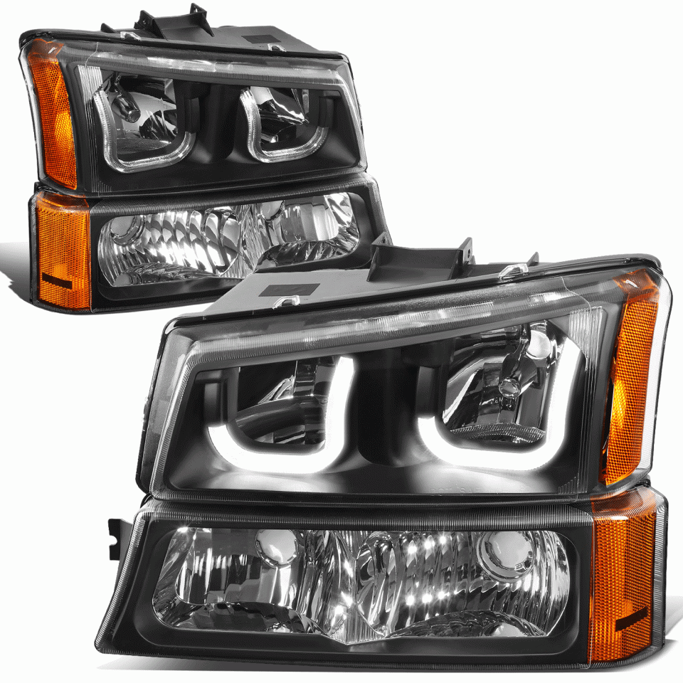 Glass Lightweight 03-07 Chevy Silverado Black Amber J-Halo LED DRL Headlights w/ Bumper Lamps