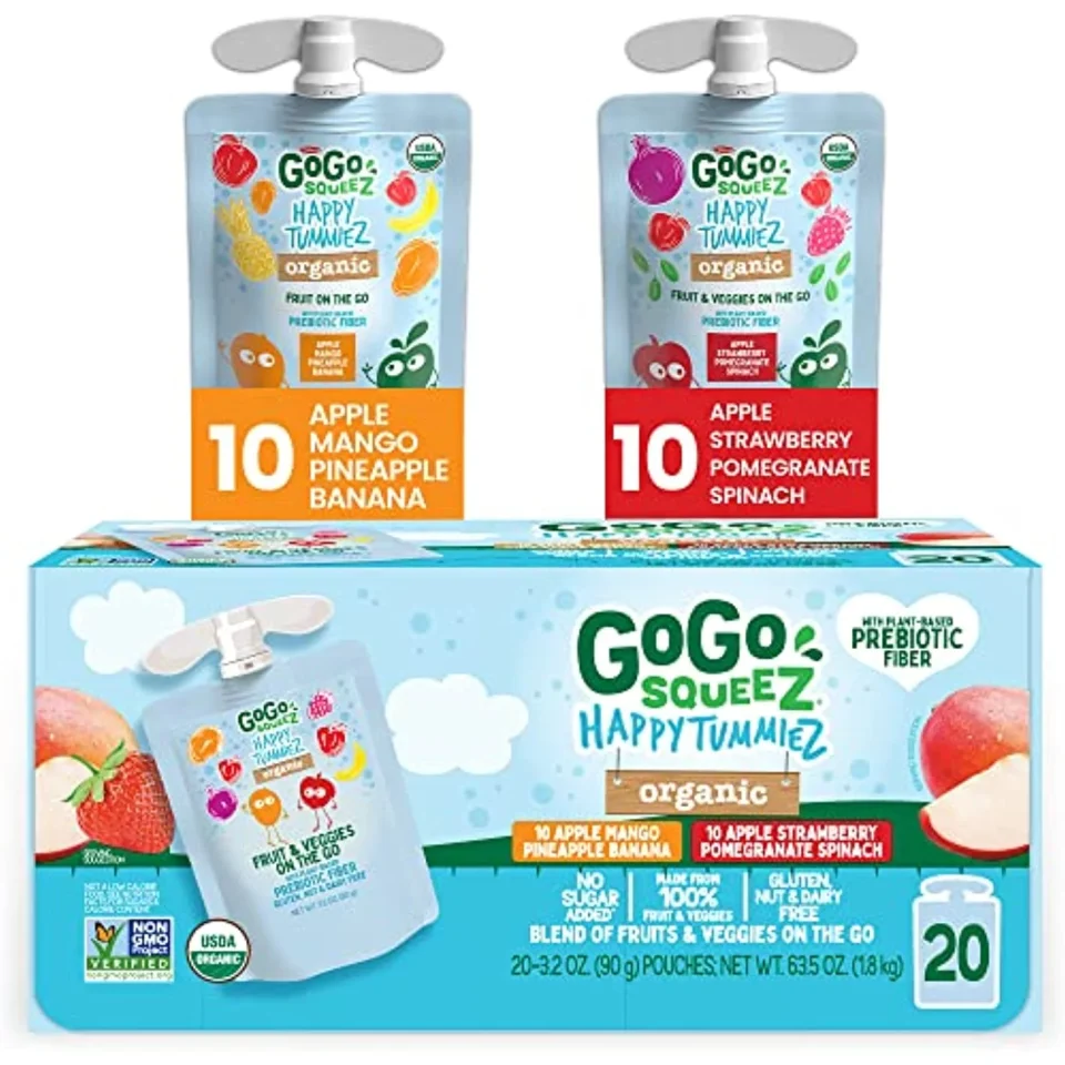 Durable Long-Lasting Gogo Squeez Happy Tummiez Organic Variety Pack Apple Strawberry Pomegranate Spinach & Apple Mango Pineapple Banana, 3.2 Oz. (20 Pouches) - Kids Snacks With Prebiotic Fiber ﾨC Gluten, Nut, & Dairy Free