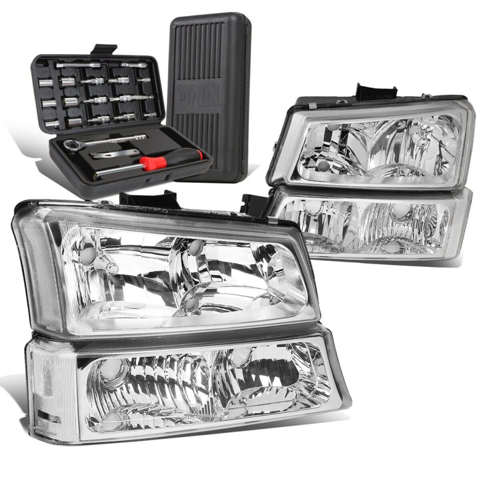 Select 2003-2006 Chevy Silverado Chrome/Clear Side Headlight Bumper Lamps+Tool Box