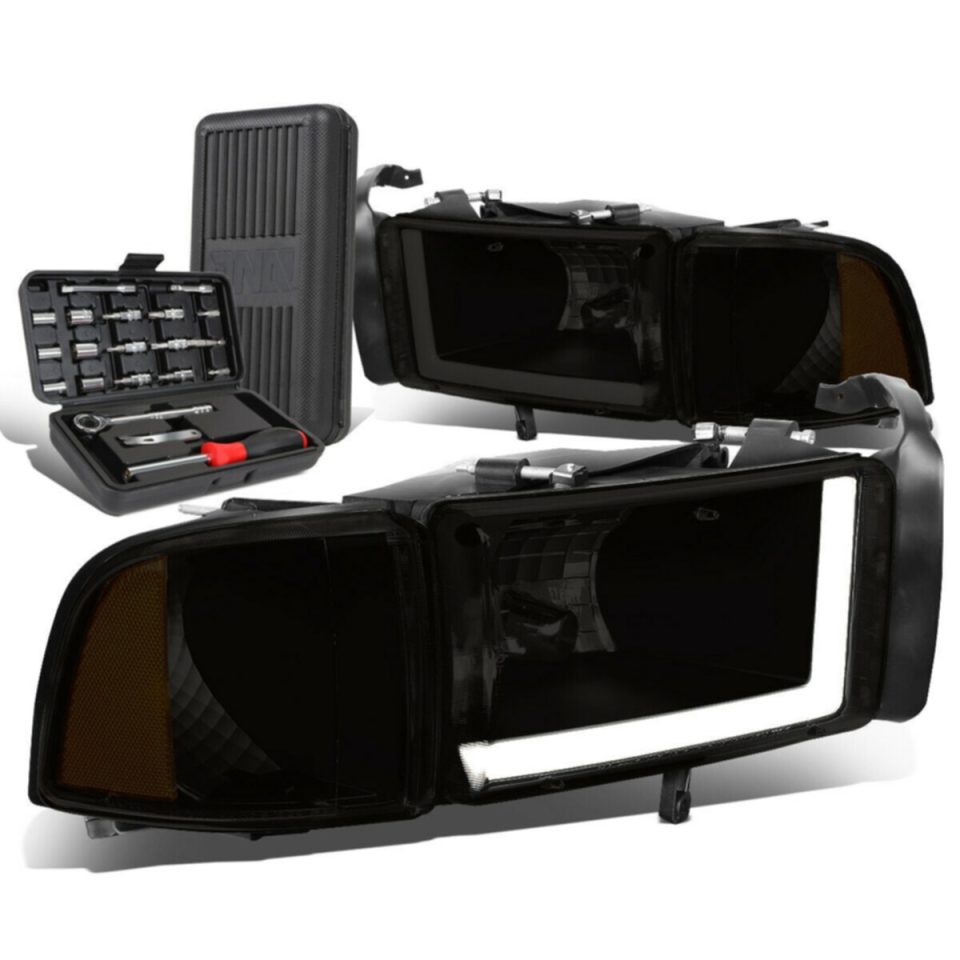 Food-Grade 1994-2002 Dodge Ram LED DRL Bar Tinted/Amber Signal Headlight Lamps+Tool Box