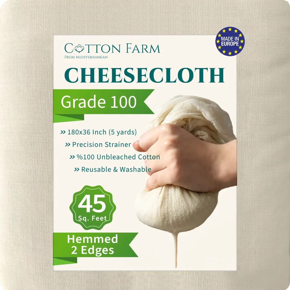Baking Cotton Farm Grade 100 Cheesecloth, Hemmed 2 Edges, 45 Sq. Feet (5x1 Yards), 100% Natural Unbleached Cotton, Reusable, Muslin for Straining, Cooking