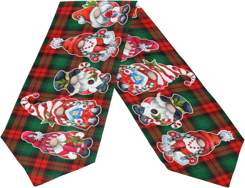 Glass Home GZHJMY Double Sided Christmas Santa Claus Long Polyester Table Runner 13 x 90 Inches Christmas Plaid Table Cloth Cover Placemats for Kitchen Dinning Living Holiday Wedding Party Decor
