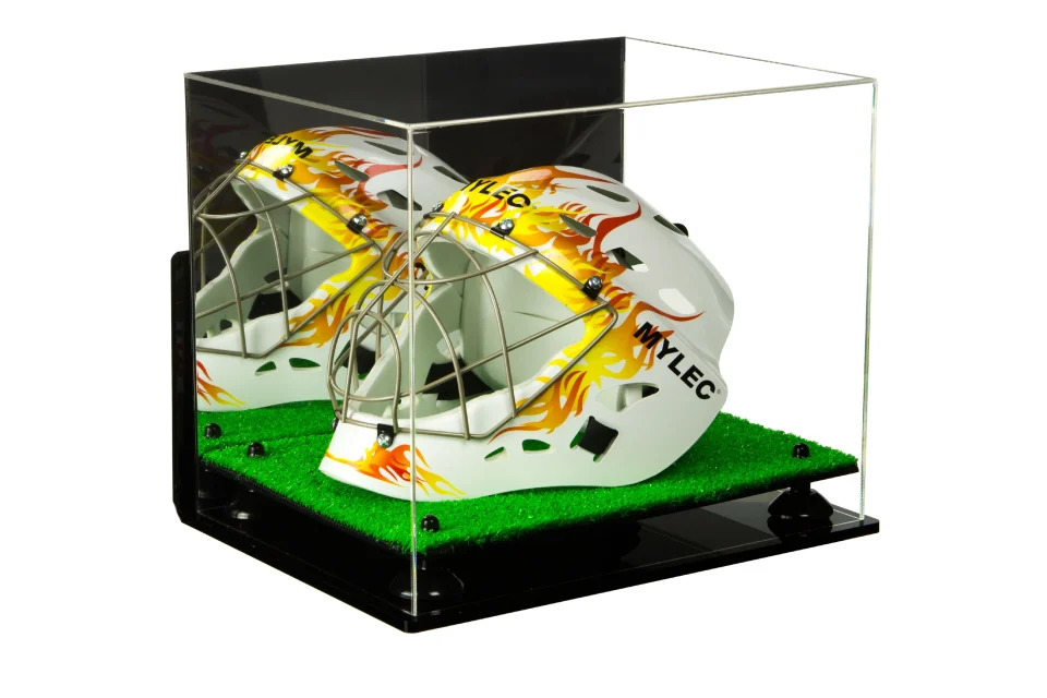 Matte Deluxe Acrylic Lacrosse Helmet Display Case with Mirror, Wall Mount, Black Risers and Turf Base (A002-BR)