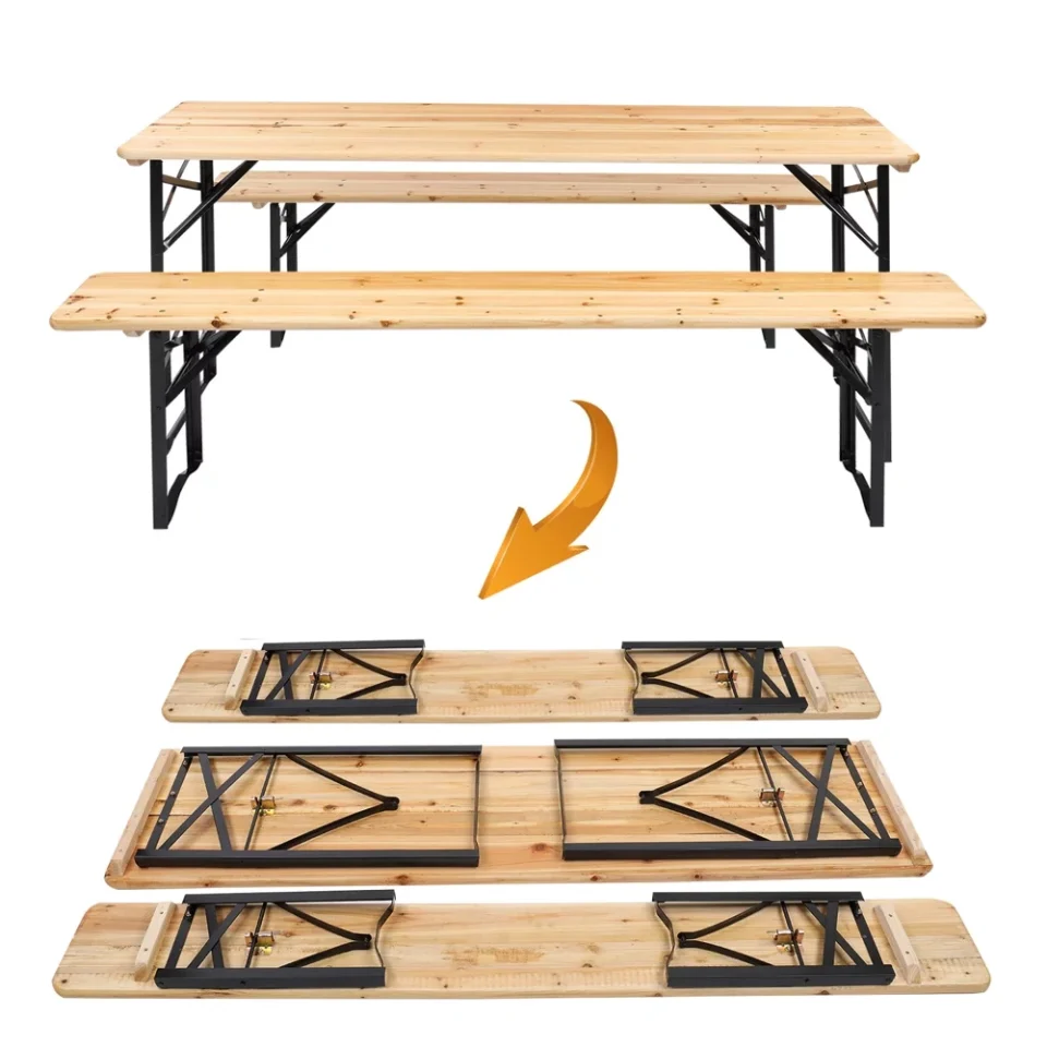 Storage 3 Piece Outdoor Folding Picnic Wooden Table Bench Set