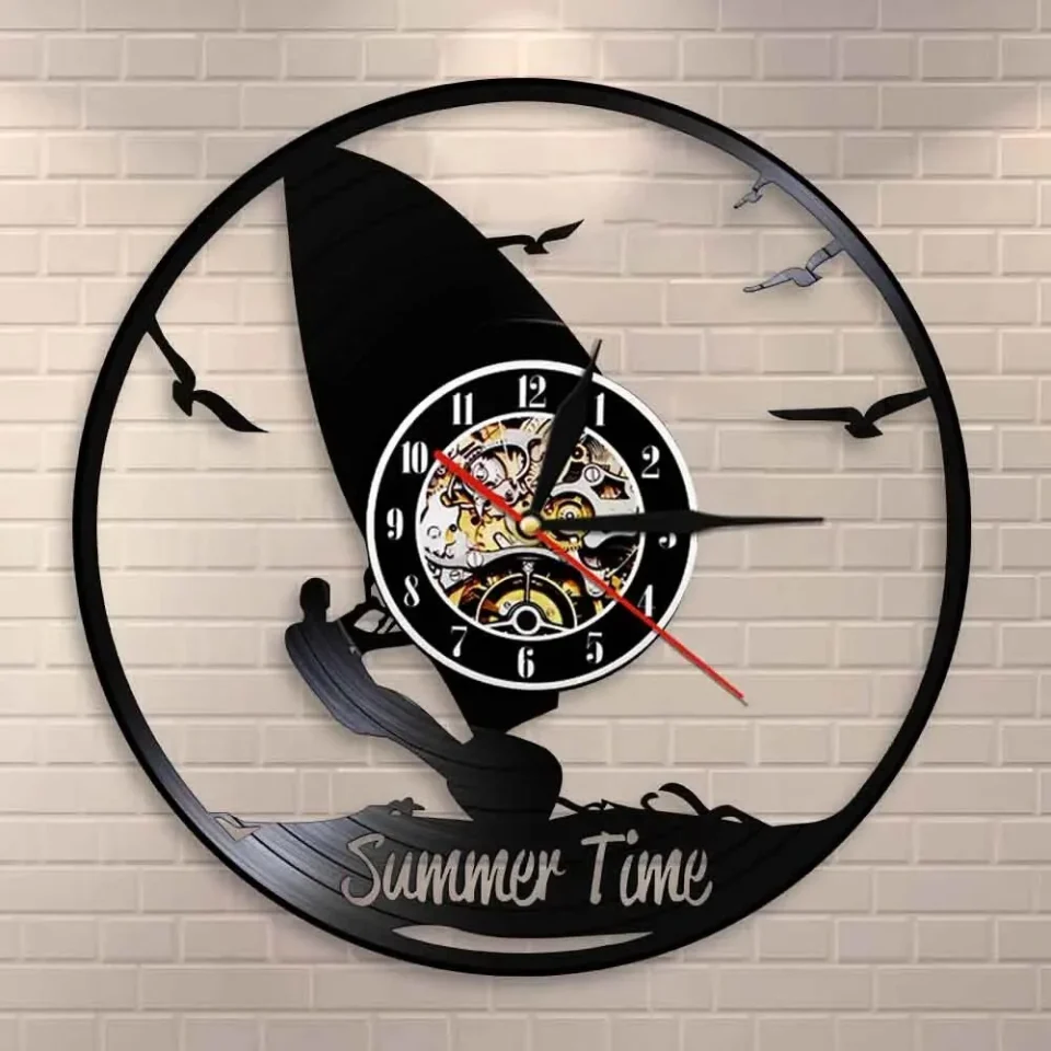 Silicone Travel Summer Time Clock Windsurfing Vinyl Wall Clock,Vinyl Record Clock Wall Art Black Handmade Art Home Unique Gift idea