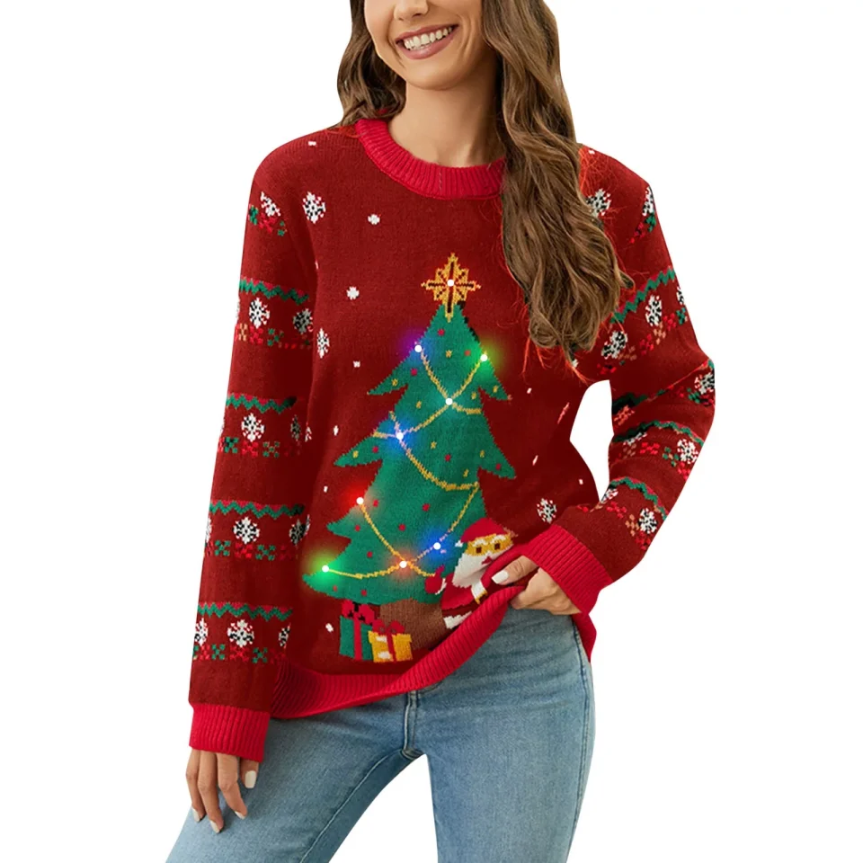 Non-Toxic EHQJNJ Christmas Sweaters for Women Funny Christmas Tree Jacquard Round Neck LED Light Up Sweater for Fall and Winter