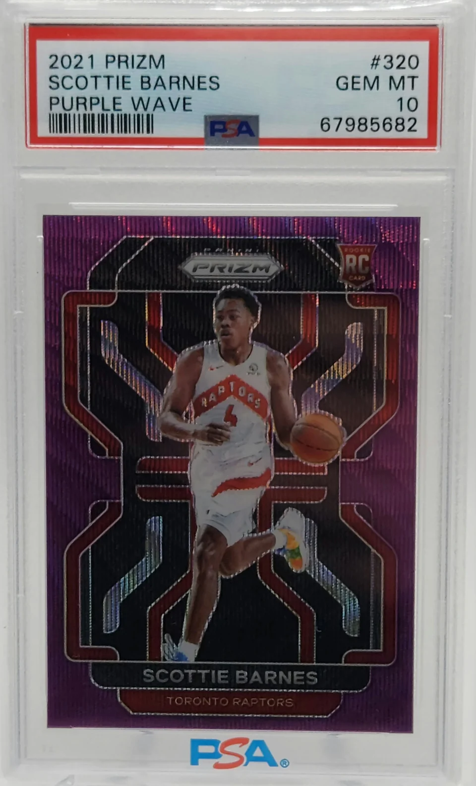 Food-Grade Lightweight Scottie Barnes Raptors 2021-22 Panini Prizm Purple Wave Rookie Card #320 PSA 10