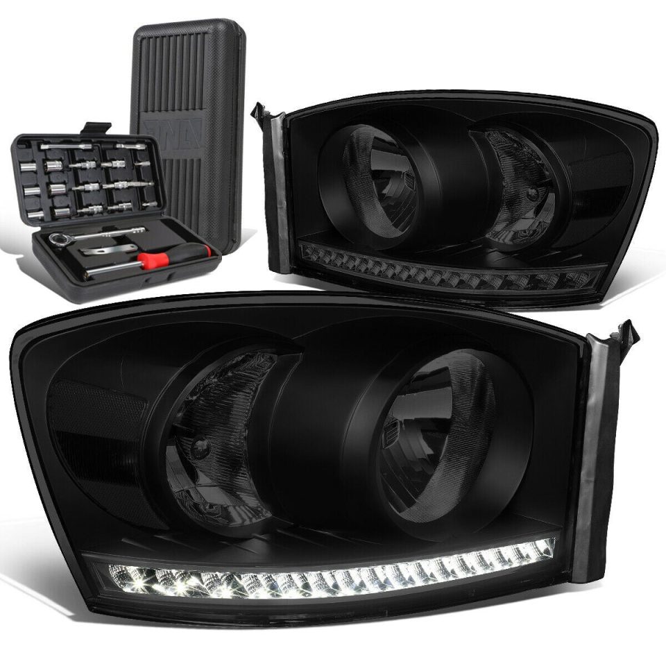 Premium Space-Saving 2006-2009 Ram Truck LED DRL Tinted Housing Clear Side Headlights+Too